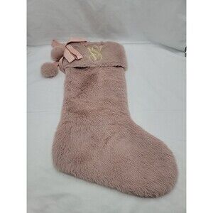 Victorias Secret Faux Fur Christmas Stocking Blush Pink Ribbon Pom Poms NWOT